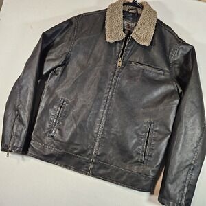 VTG Aeropostale Mens Black Faux Leather Sherpa Collar Bomber Jacket CGA087 Large